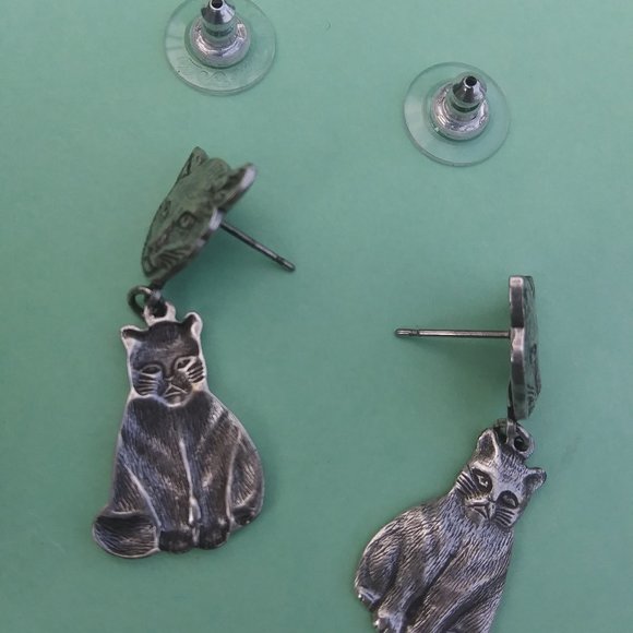drop dangle cat earrings silver tone metal - Picture 9 of 11